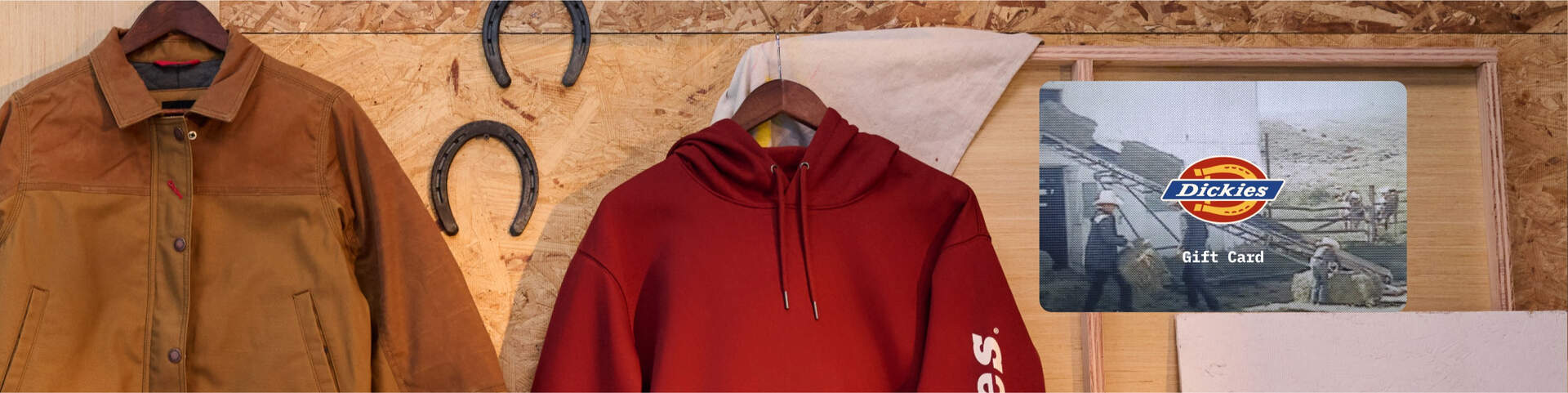 Khaki Jacket, red hoodie and image of a gift card